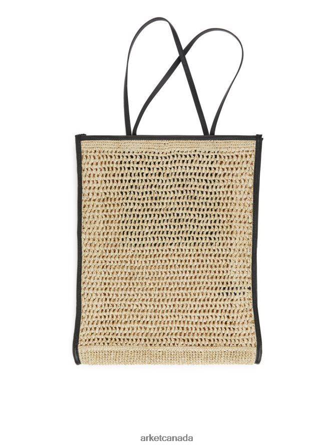 ARKET Bags 4L826J748 Beige/Black Leather-Detailed Straw Bag Unisex