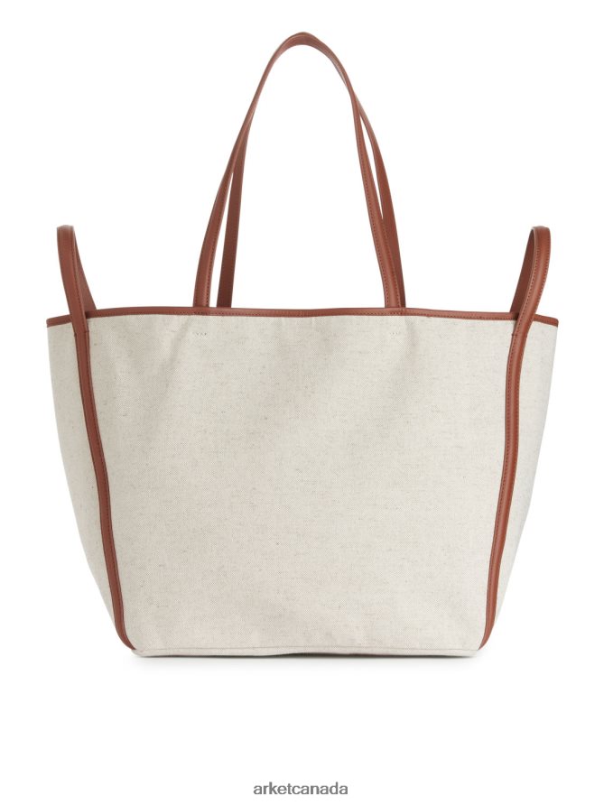 ARKET Bags 4L826J750 Off-White/Cognac Leather-Detailed Canvas Tote Unisex