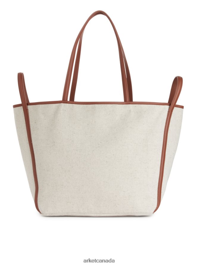 ARKET Bags 4L826J750 Off-White/Cognac Leather-Detailed Canvas Tote Unisex
