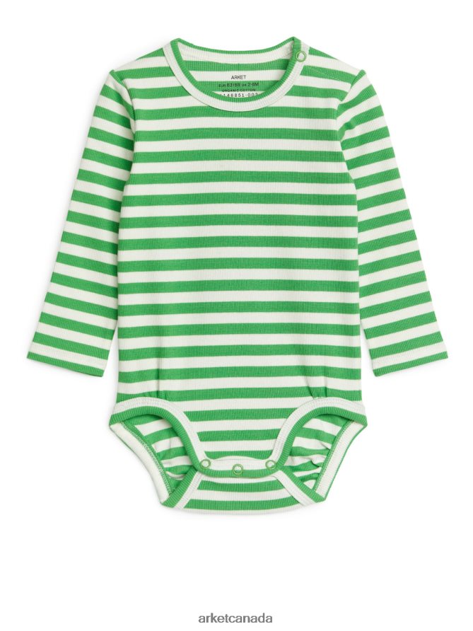 ARKET Clothing 4L826J1712 Green/White Ribbed Long-Sleeve Bodysuit Kids