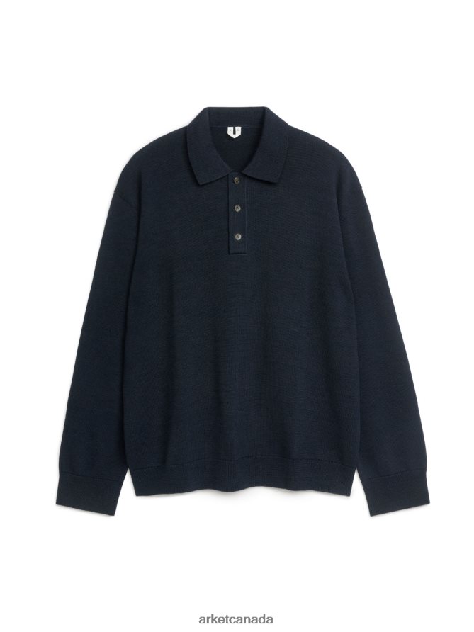 ARKET Clothing 4L826J1049 Dark Blue Long-Sleeved Merino Polo Shirt Men