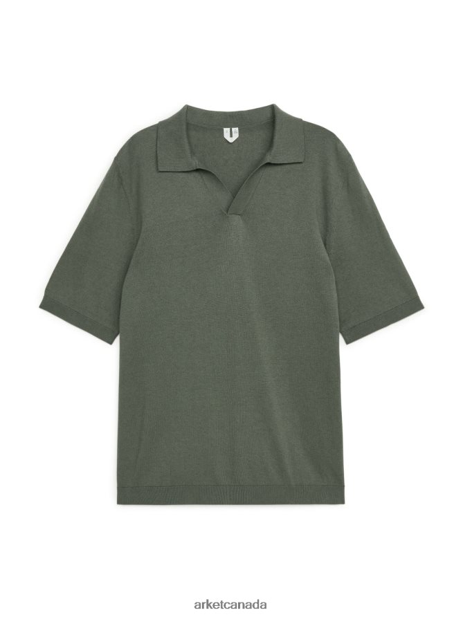 ARKET Clothing 4L826J984 Khaki Green Cotton Linen Polo Shirt Men