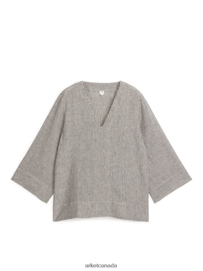 ARKET Clothing 4L826J62 Off White/Black Pop-Over Linen Shirt Women